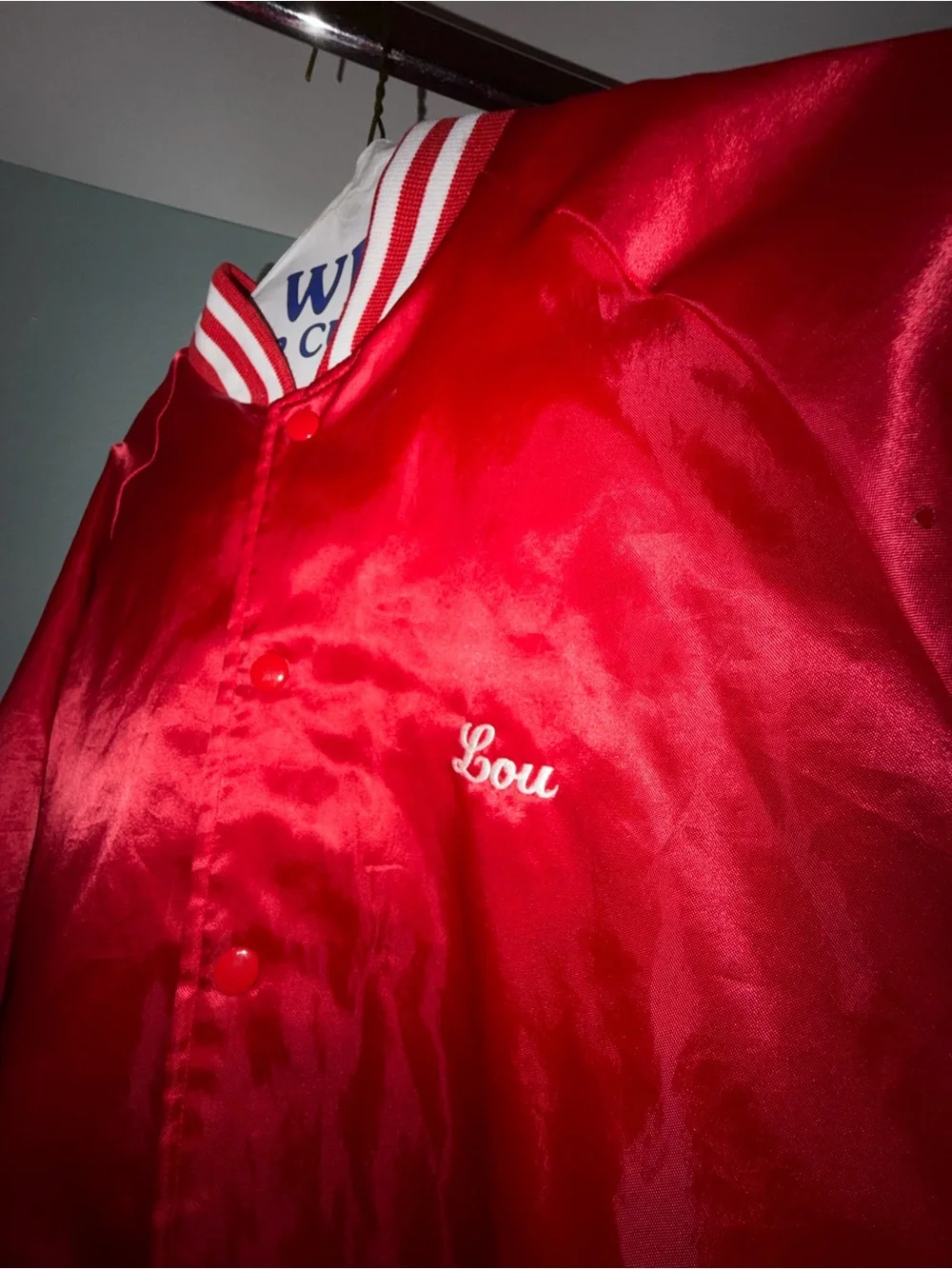 Red Satin Varsity Bomber Jacket with White Stripe Trim